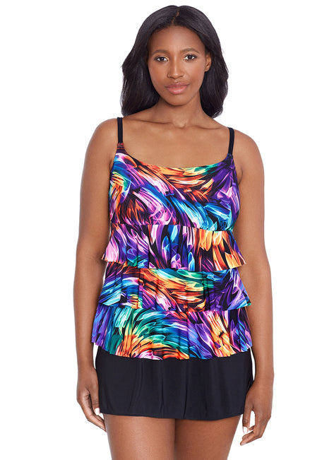 Longitude Women's Ribbon Candy Ruffle Faux Skirtini Long Torso One Piece Swimsuit