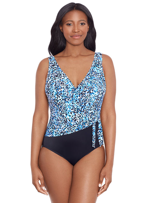 Longitude Women's Spotty Skin Ruffle Front Sash Surplice One Piece Swimsuit