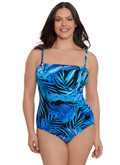 Longitude Women's Jungle Boogie Side Shirred Bandeau Long Torso One Piece Swimsuit