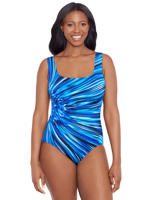 Longitude Women's Sparks Fly Panel Scoop Neck Tank Long Torso One Piece Swimsuit