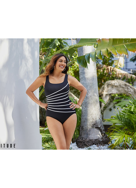 Longitude Women's Block It Up 8 Overlay Fan Tank Long Torso One Piece Swimsuit