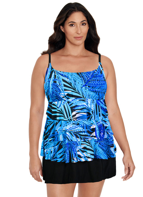 Longitude Women's Jungle Boogie Ruffle Faux Skirtini Long One Piece Swimsuit