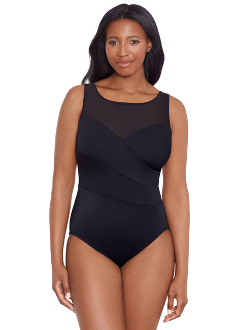 Longitude Women's Night Gala Mesh High Neck Long Torso One Piece Swimsuit