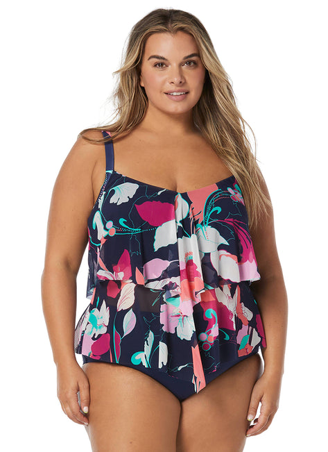 Beach House Women's Plus Size Avalon Floral Portia Mesh Layer Tankini Top