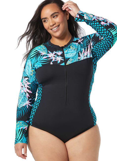 Beach House Women's Plus Size Delray Beach Sculpt Long Sleeve Zip Front One Piece Swimsuit