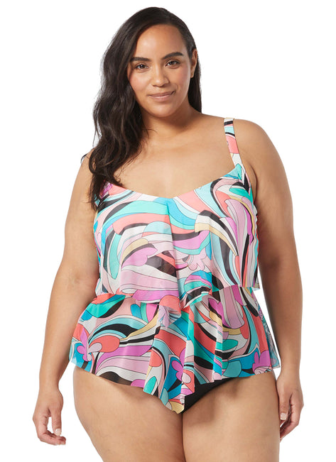 Beach House Women's Plus Size Saltwater Swirl Portia Mesh Layer Tankini Top