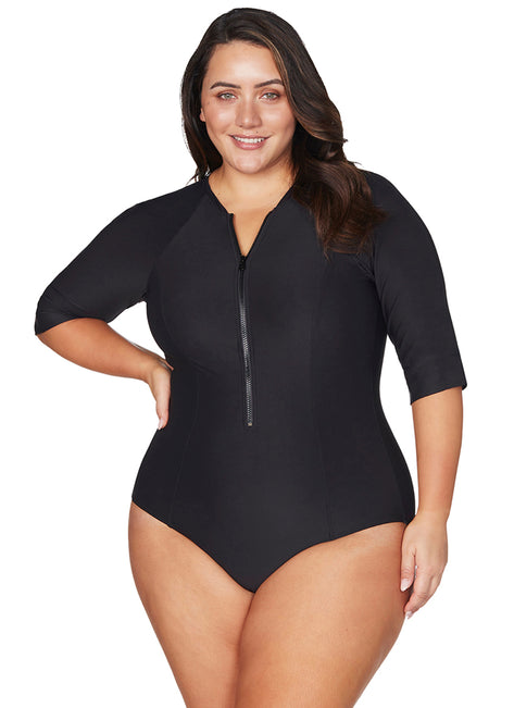 Artesands Woman's Plus Size Hues Sunsafe Mid Length Sleeve One Piece Swimsuit