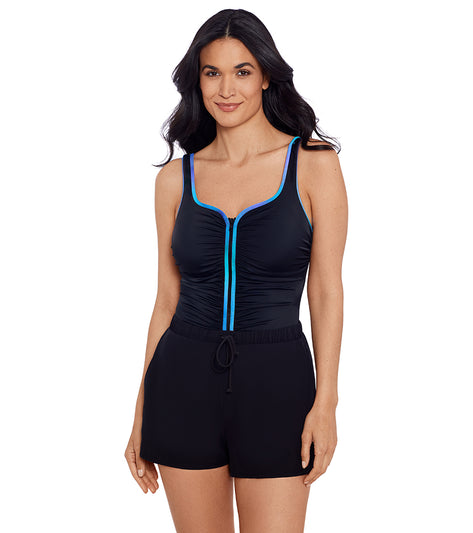 Shape Solver SPORT Women's Colorful Behavior Shirred Zipper Swim Romper ...