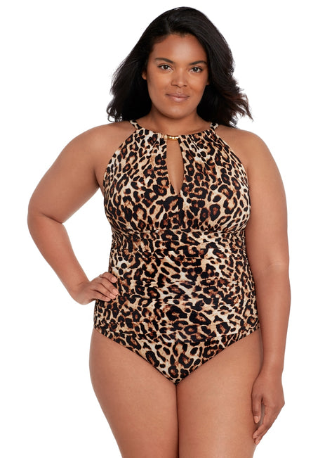 Lauren Ralph Lauren Women's Plus Size Leopard High Neck One Piece Swimsuit