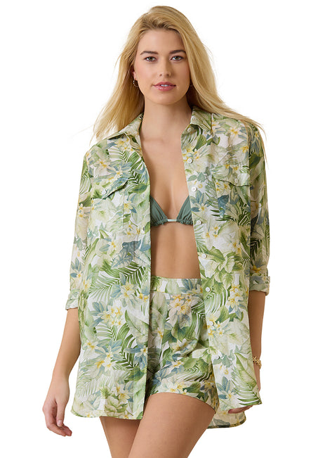 Tommy Bahama Women's Paradise Fronds Boyfriend Cover Up Shirt