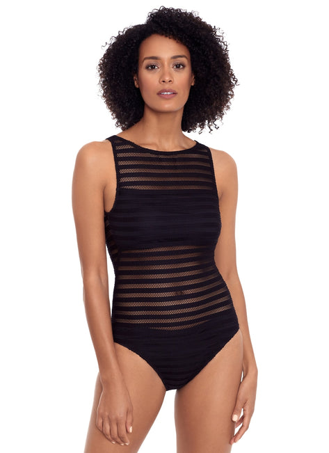 Lauren Ralph Lauren Women's Ottoman Mesh Boatneck One Piece Swimsuit
