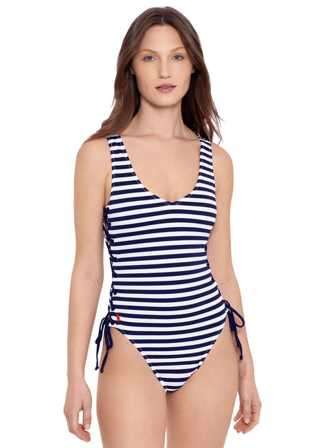 Ralph Lauren Women's Pique Stripe Lace Side One Piece Swimsuit