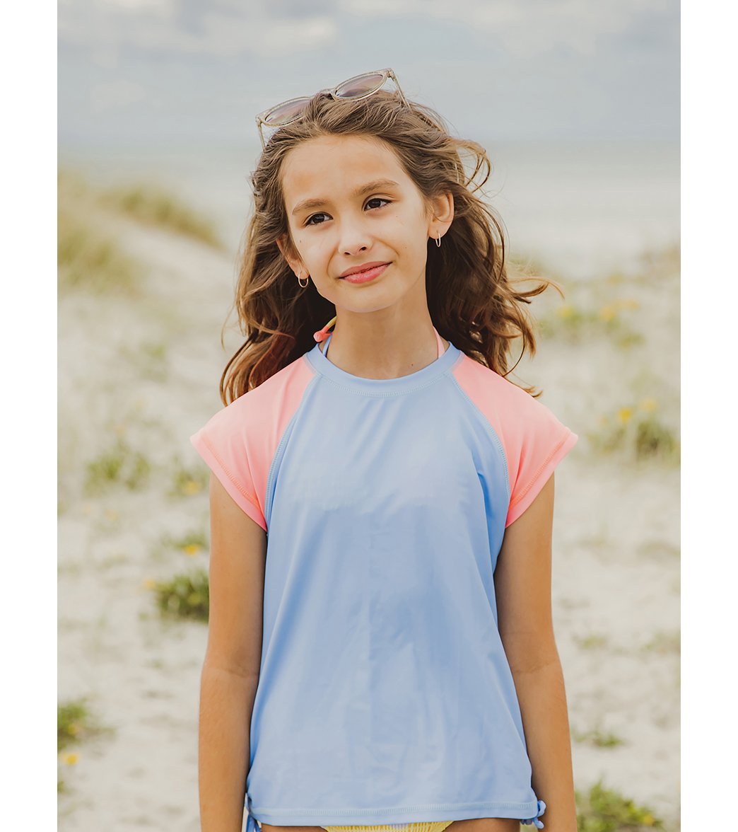 Snapper Rock Girls' Cornflower Peach Sleeve Short Sleeve Rash