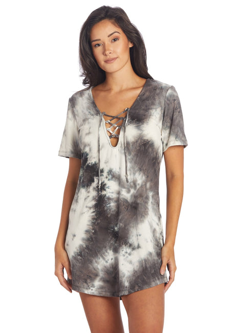 J.Valdi Women's Tie Dye Short Sleeve Lace Neck Tunic Cover Up