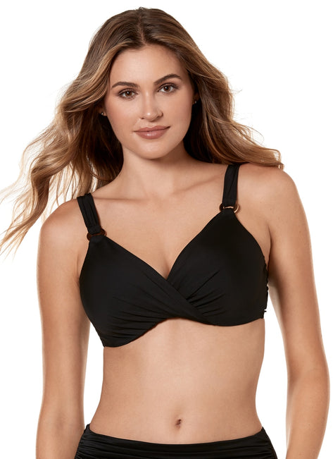 Miraclesuit Women's Solid Black Plunge Bikini Top (D/DD Cup)