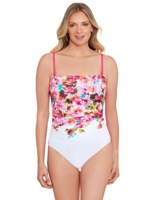 Shape Solver By Penbrooke Women's Border Floral Shirred Bandeau  One Piece Swimsuit