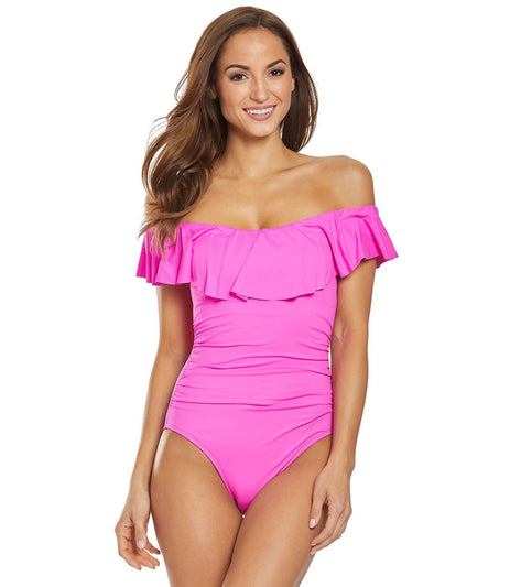 La Blanca Tankini Tops La Blanca Women's Off Shoulder One-Piece Swimsuit - Tranquility Palm Print One Shoulder Tankini - View #7