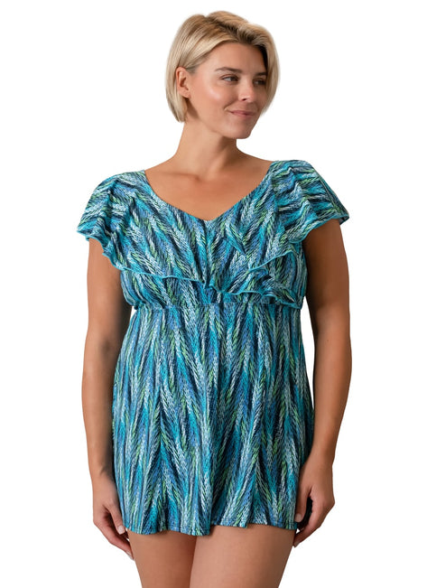 Fit4U Women's Plus Size Lexi Sleeved Surplice Empire Swim Dress