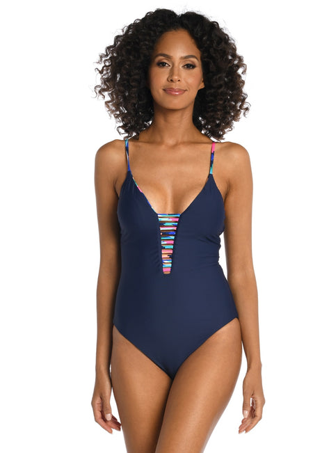 La Blanca Women's Painted Leaves Reversible Plunge One Piece Swimsuit