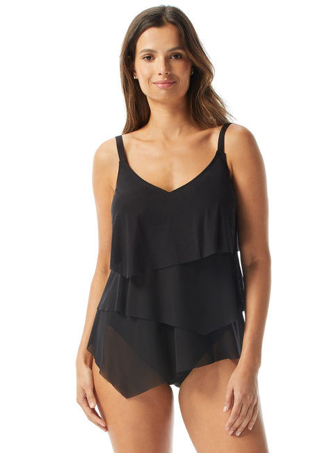 Coco Reef Women's Classic Solids Flourish Bra Sized Tier Mesh Tankini Top (C/D/DD Cup)