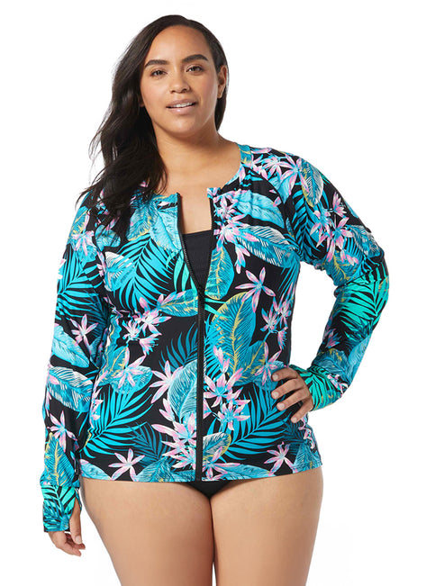 Beach House Women's Plus Size Delray Beach Ava Long Sleeve Zip Front Rash Guard