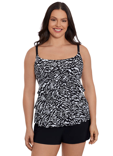 Longitude Women's Super Sleek Ruffle Faux Shortini Long Torso One Piece Swimsuit