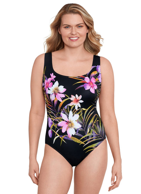 Longitude Women's Beach Corsage Panel Scoopneck Tank Long Torso One Piece Swimsuit