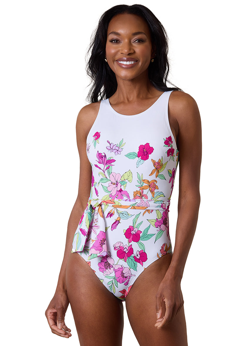Tommy Bahama Women's Summer Floral Belted High Neck One Piece