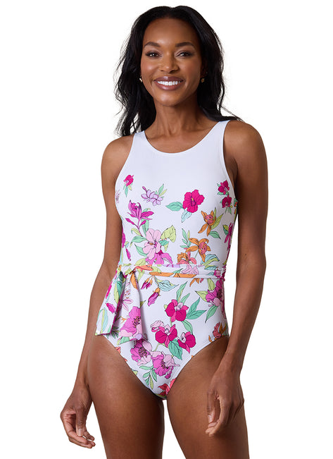 Tommy Bahama Women's Summer Floral Belted High Neck One Piece Swimsuit