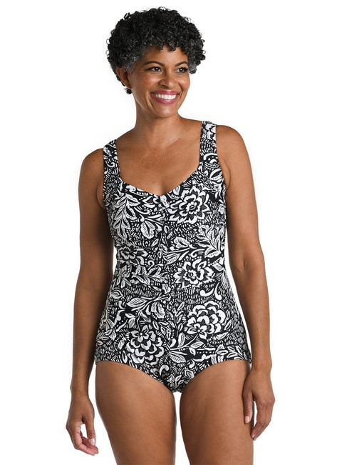 Maxine Women's Tahitian Tribe Floral Shirred Front Girl Leg One Piece Swimsuit
