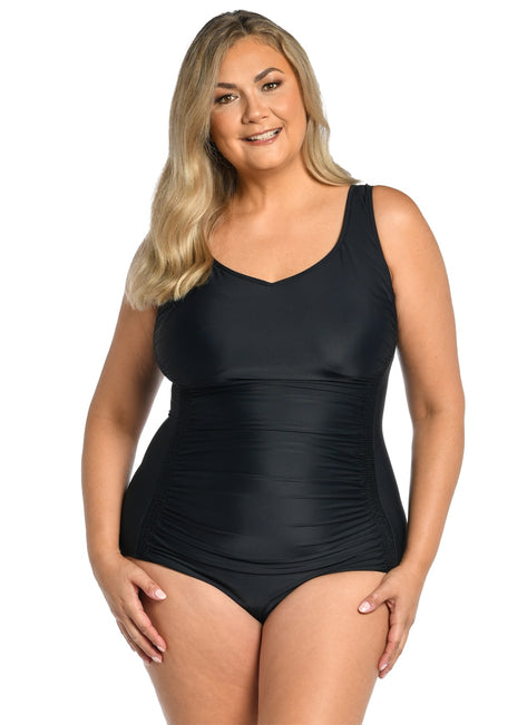 Maxine Women's Plus Size Solid Over The Shoulder One Piece Swimsuit