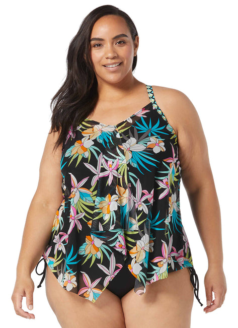 Beach House Women's Plus Size Tropical Bloom Kerry Mesh Layer Tankini Top