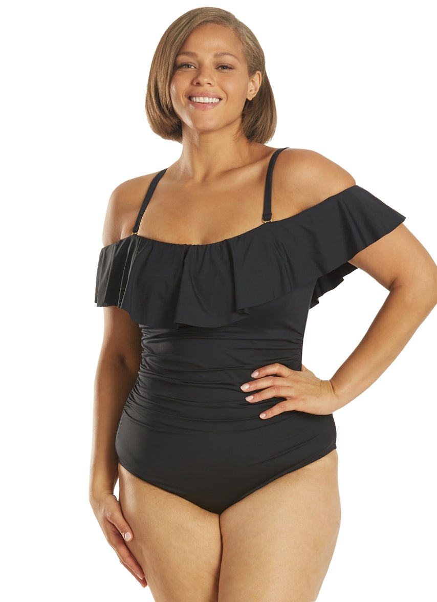 off the shoulder ruffle swim dress La Blanca Plus Size Island Goddess Off Shoulder Ruffle One Piece Swimsuit  at SwimOutlet.com