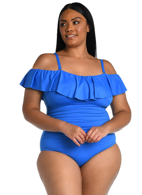 La Blanca Plus Size Island Goddess Off Shoulder Ruffle One Piece Swimsuit