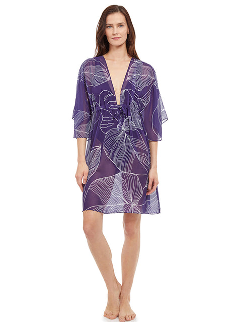 Gottex Women's Natural Essence White Etched Leaf Print Deep V Cover Up Dress