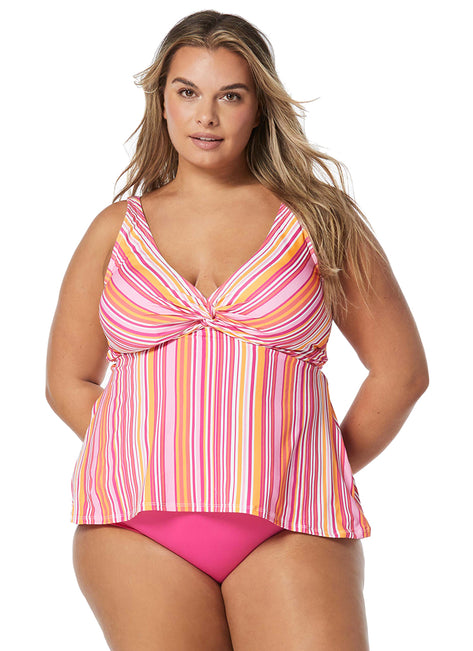 Beach House Women's Plus Size Beach Club Stripe Willow Fly Away Hem Tankini Top