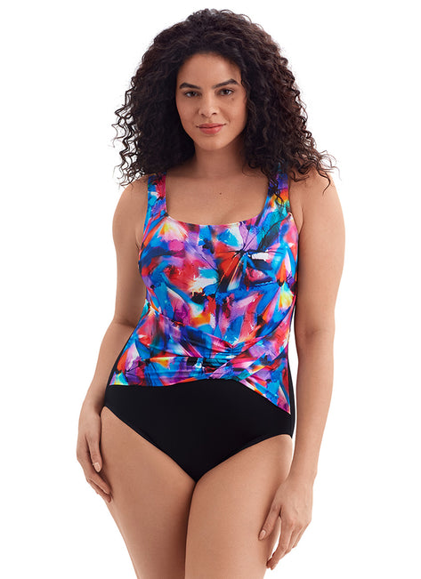 Longitude Women's Brushpainter Twist Pull Sash Tank Long Torso One Piece Swimsuit