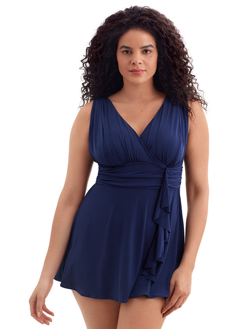 Longitude Women's Solitude Ruffle Goddess Long Torso Swim Dress