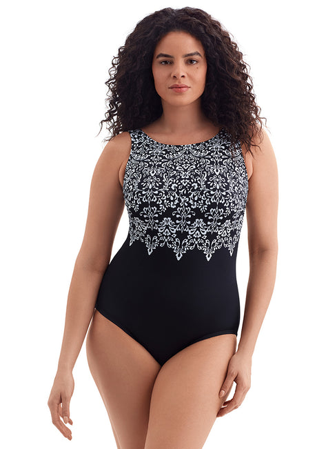 Longitude Women's Garland Edge Scoopback High Neck Long Torso One Piece Swimsuit