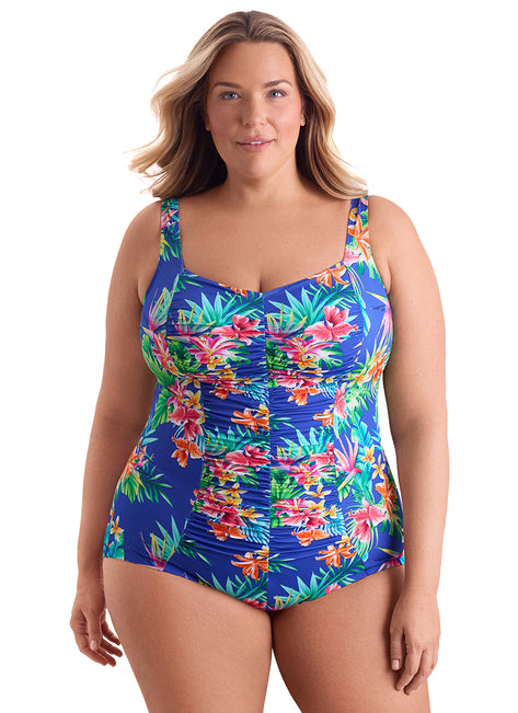 Shape Solver By Penbrooke Women's Plus Size Tropical Tendencies Shirred Front Princess Seam Girl Leg One Piece Swimsuit