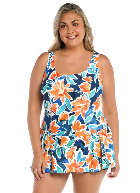 Maxine Women's Plus Size Joyful Blooms Princess Seam Swim Dress