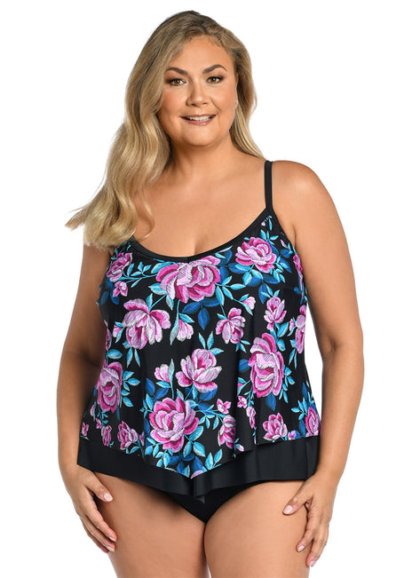 Maxine Women's Plus Size Midnight Orchid Flutter Tankini Top