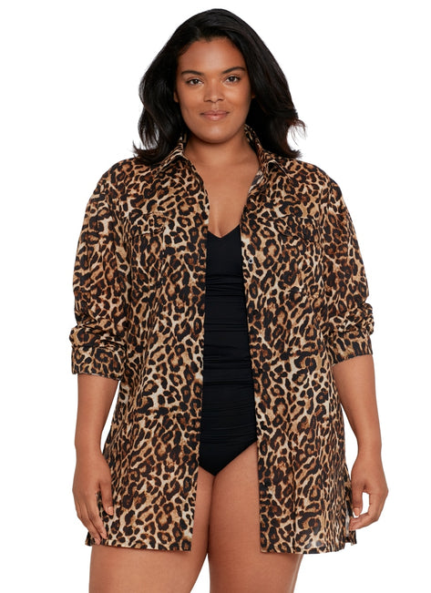 Lauren Ralph Lauren Women's Plus Size Leopard Camp Cover Up Shirt