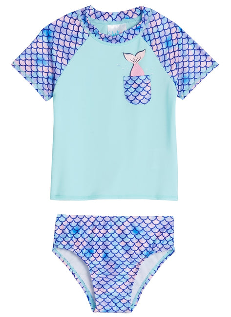 Shelloha Girls' Pocket Mermaid Two Piece Short Sleeve Rashguard Set with Hat (Baby, Toddler)