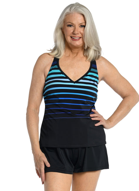 Maxine Women's Chlorine Resistant Tonal Gradient Stripe Racerback Tankini Top