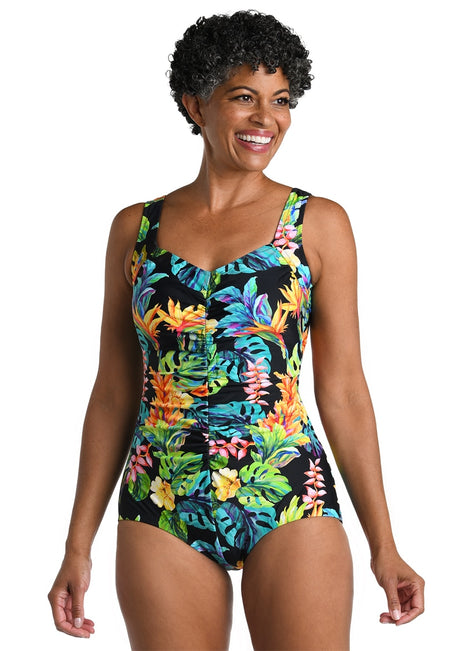 Maxine Women's Oahu Oasis Shirred Front Girl Leg One Piece Swimsuit