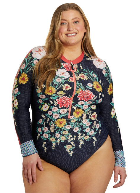 Johnny Was Women's Plus Size Dark Floral Long Sleeve  One Piece Swimsuit