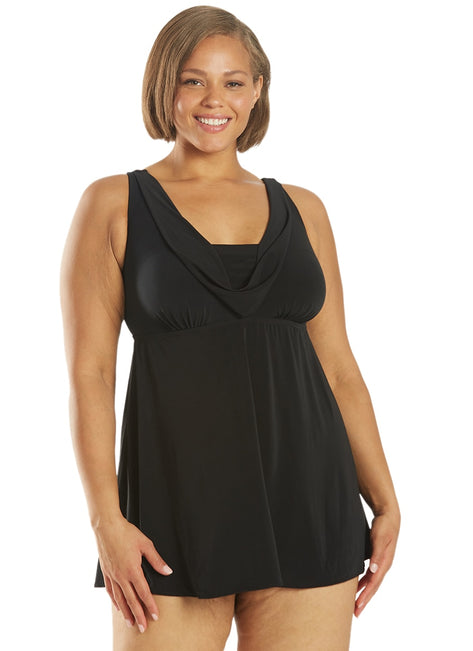Longitude Plus Size Little Black Dress Cowl Neck Swim Dress