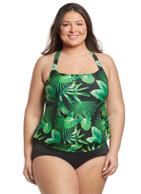 Sporti Plus Size Valentina Tropical Palm Blouson Tankini Top