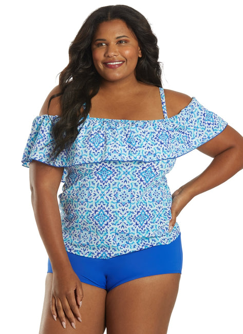 Fit4U Women's Plus Size Dye It Off The Shoulder Tankini Top (C Cup)
